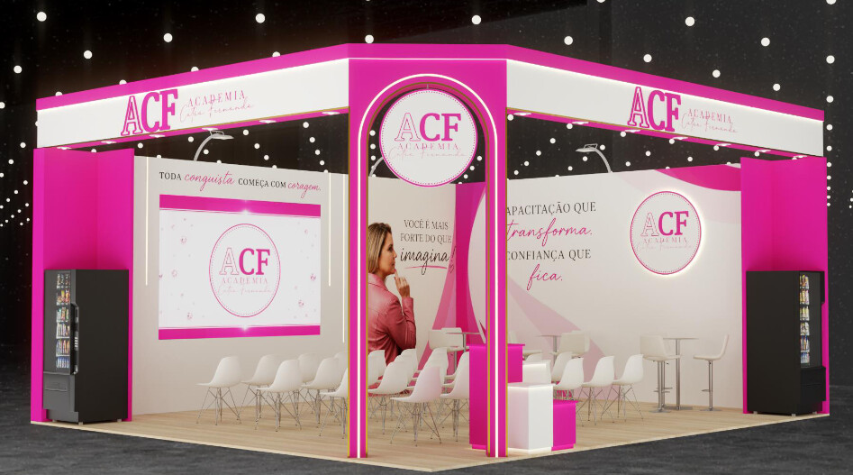 Render 3D do stand ACF Academia Catia Fernanda, com pórtico em arco no chanfro da esquina e plenária voltada para o painel de LED
