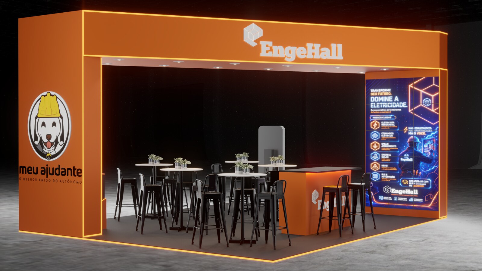 Stand em ilha da EngeHall na Expo Elétrica 2026 com testeira diagonal laranja e logo retroiluminado, montado pela Atom Cenografia