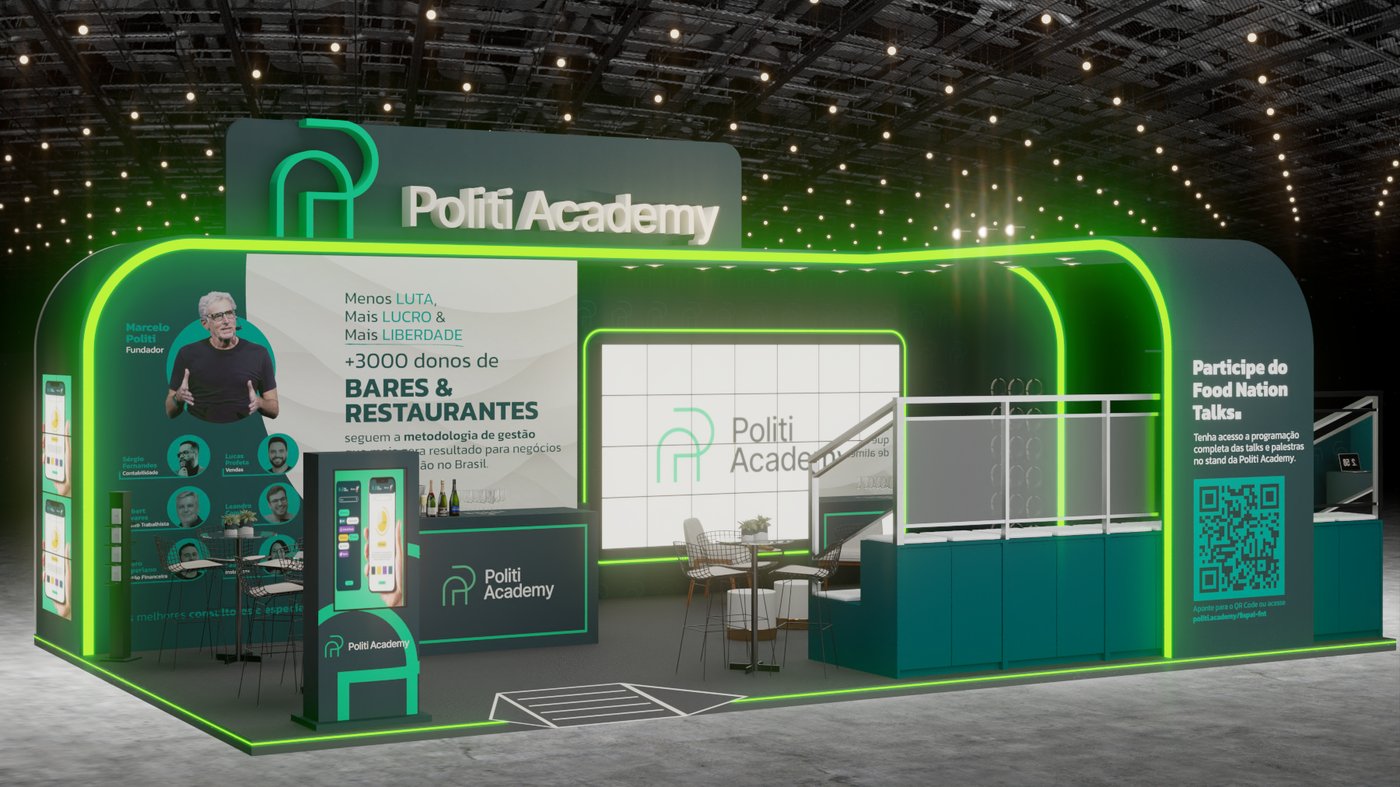 Estande de esquina da Politi Academy com arco de LED verde-limão, testeira curva e mezanino elevado